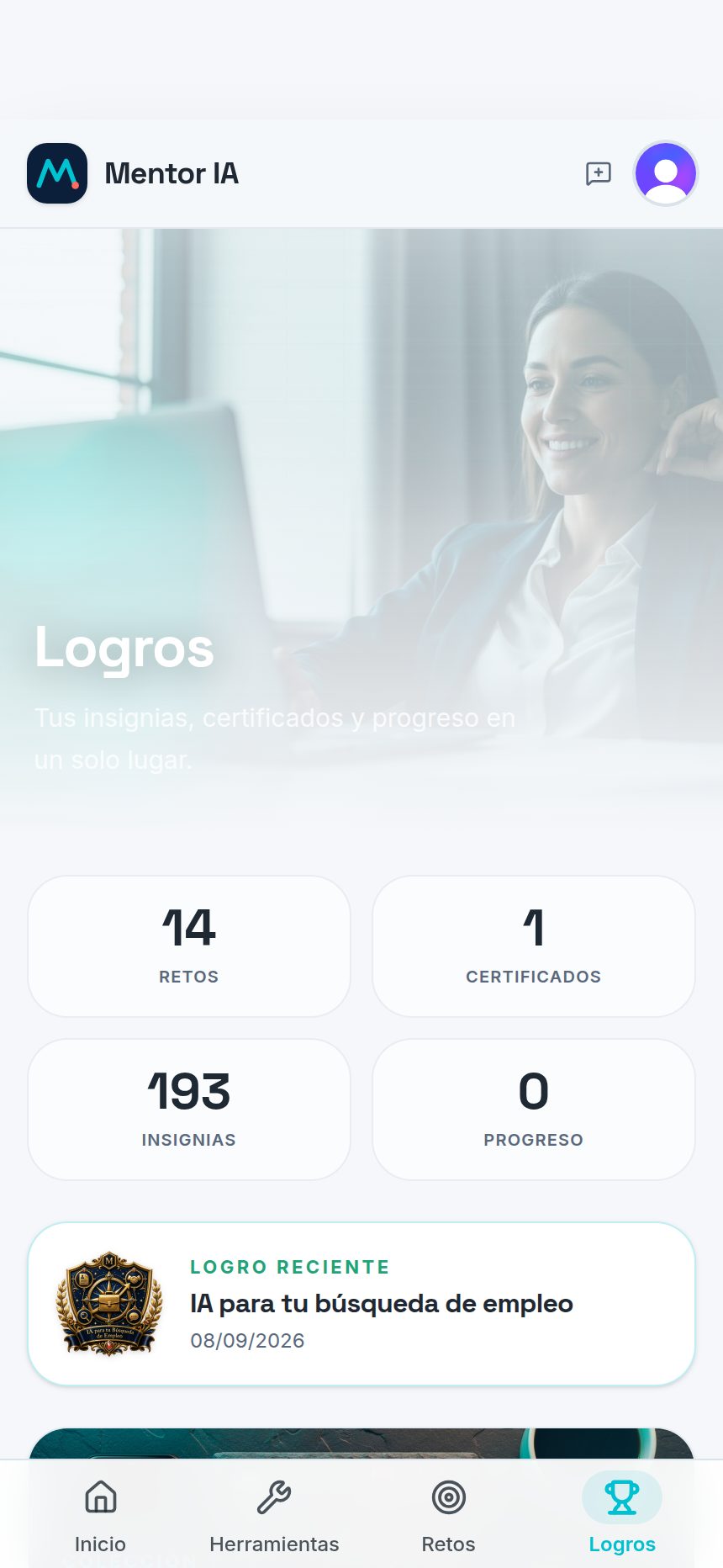 Insignias, certificados y progreso del aprendiz
